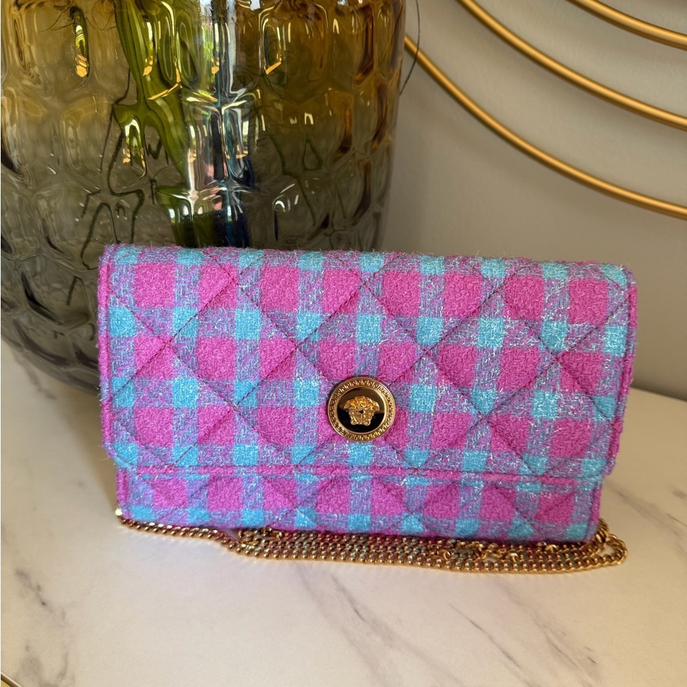 Versace La Medusa Boucle Quilted Tweed Clutch Wallet on Chain Shoulder Bag